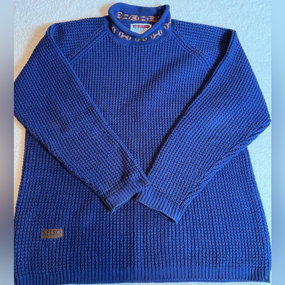 KELSO VTG Blue Equine/Horse/Riding Waffle Knit Rolled Mock Sweater Large XL
